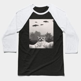 Funny Cat Selfie with UFOs Baseball T-Shirt